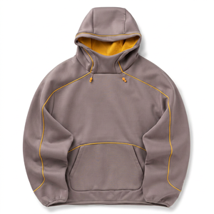 เสื้อฮู้ดสีเทาสำหรับผู้ชาย ทรงโอเวอร์ไซส์ ผ้าเฟรนช์เทอร์รี่ สวมใส่สบายๆ สำหรับฤดูใบไม้ร่วง ดีไซน์กระเป๋าแต่งขอบสีเหลือง - Product Image 1