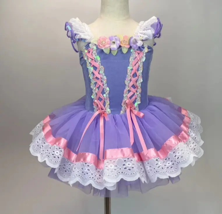 Lilac white Sequin Jazz Tap Cabaret Dance Costume Girls Tutu Dress kids Printing dance ballet tutu skirt costumes