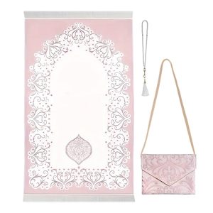 Juego de alfombrillas de oración musulmana con intrincados patrones florales que incluyen bolsa de transporte a juego y decoración de borlas suave y portátil para adoración - Product Image 6