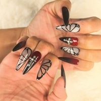 Venta al por mayor mariposa dibujada a mano negro y rojo uñas artacrílicas prensa en las uñas