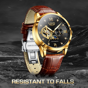 Lige Luxury Automatic Mechanical Watch Men's Stainless Steel Oval Case Glass <b>Crystal</b> Leather Strap <b>Moon</b> Phase Waterproof - Product Image 3