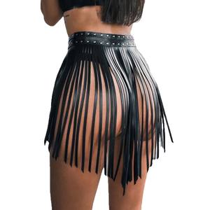 Goth Punk Leather Underwear Fetish <b>Costume</b> with Tassel Short Leather Skirt and Garter Belt BDSM Bound Gear - Product Image 3