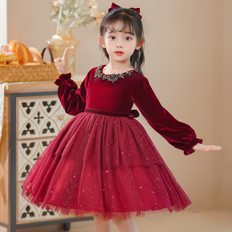 Girls Red Christmas Dress Autumn Winter Long Sleeve Birthday Dresses  Fashion Princess Christmas Party Dress Tutu Children Cloth
