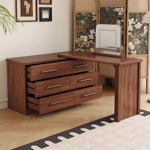 Modern Minimalist Black Walnut Wood <b>Dressing</b> <b>Table</b> With Drawers And Mirror Vanity <b>Storage</b> Cabinet <b>For</b> Bedroom Makeup Station - Product Image 2