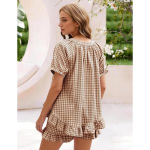 Womens Gingham <b>Pajamas</b> <b>Set</b> 2 Piece Cotton Short Sleeve Ruffle Shirt Shorts Loungewear Summer Outfit - Product Image 5