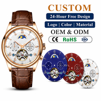 Herren Automatik-Mechanikuhr mit Mondphase, Doppelkalender, Offenes Zifferblatt und Lederarmband