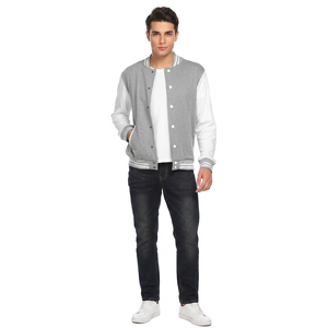 Chaqueta universitaria bomber de lana negra personalizada con mangas de cuero blanco, cuello alto, estilo urbano, cortavientos y transpirable - Product Image 1