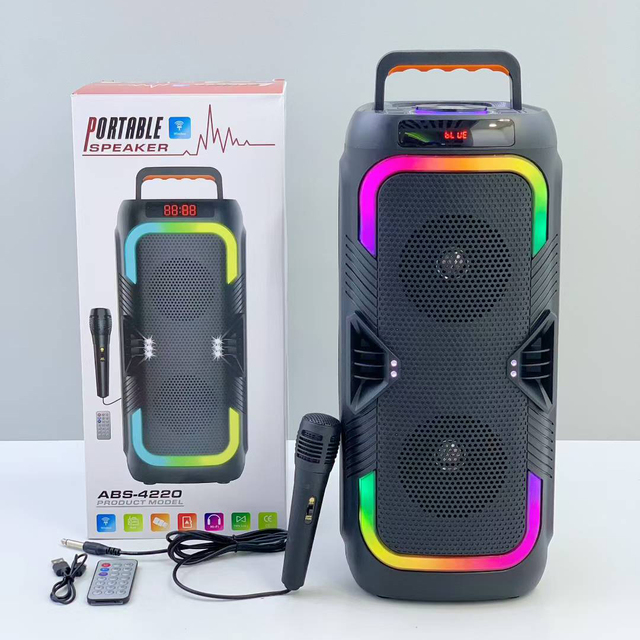 ABS-4220 Powerful Dual 4 Inch Portable Woofer Wireless Karaoke Speaker with RGB Light DJ Active Stereo Strong Bass Party Speaker