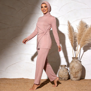 Pink Burkini 3 Piece <b>Set</b> Women Side Twist Ruched <b>Modest</b> Islamic Swimwear Long Sleeve Top And Hijab Swim Suit Wholesale - Product Image 2