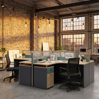 Bureau modulaire convertible en L 4 places avec cloison en panneaux de particules E1, tiroirs de rangement, écologique et mobile