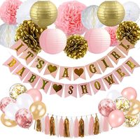Décorations de fête prénatale pour fille - Bannière rose et or, lanternes, pompons, fleurs, boules en nid d'abeille, ballons, pompons en feuille d'aluminium