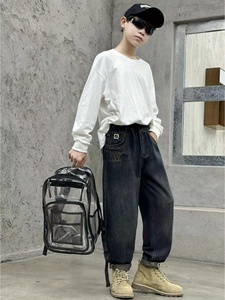 กางเกงคาร์โก้ขาตรงทรงหลวมสำหรับวัยรุ่นแถบรัดกลางแบบยืดหยุ่นผ้าไม่ยืดสีทึบมีกระเป๋าสีจาง - Product Image 3