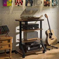 Support Audio HiFi sur Roulettes, Meuble Multimédia AV 4 Niveaux en MDF et Métal, pour Amplificateur, Enceinte, Platine Vinyle, Capacité Maximale 54KG, Noir+Marron