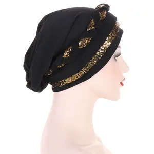 Gorro de turbante trenzado musulmán para mujer, gorro de cáncer de quimio, preatado, musulmán, lentejuelas, brillo, cubierta de pelo trenzado, tocados envolventes