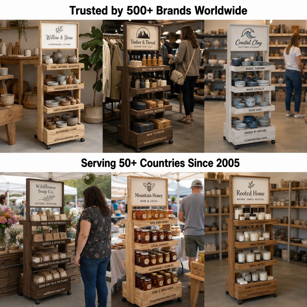 Customized Practical Natural Wood Display Shelf for Handmade Crafts Retail Shops Display Areas Outdoor Vendor Events OEM Logo — view 6
