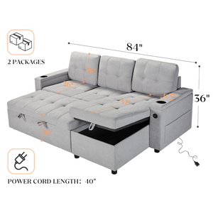 Sofá <span class=keywords><strong>Cama</strong></span> Extraíble <span class=keywords><strong>con</strong></span> <span class=keywords><strong>Chaise</strong></span> de Almacenamiento Sofá <span class=keywords><strong>Cama</strong></span> Multifuncional <span class=keywords><strong>con</strong></span> Puertos de Carga USB y Portavasos - Product Image 3