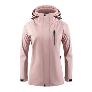 Chaqueta cortavientos de una sola capa con capucha para mujer, color rosa, ropa de trabajo para invierno y exteriores con forro interior. - Product Image 1