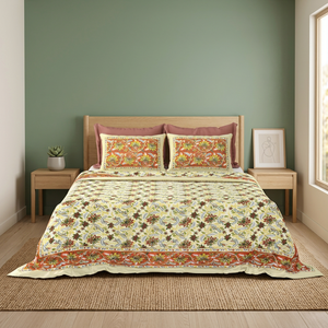Cubrecama Mediterráneo con Estampado Floral, de Algodón Indio, Hecho a Mano en Jaipur, Estilo Boho, Tamaño King, Decoración para Dormitorio - Product Image 3