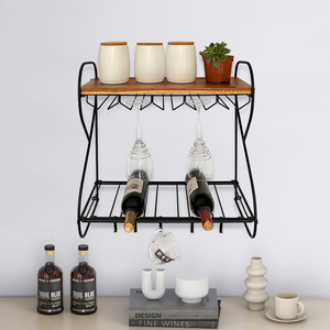 Nuovo creativo porta bottiglia di vino in legno portabottiglie a due livelli <span class=keywords><strong>da</strong></span> <span class=keywords><strong>parete</strong></span> galleggiante porta vino con calice Hanger - Product Image 2