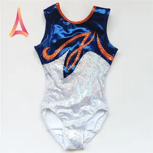 Klassische Scoop Ausschnitt Sleeveless Weiß Blau 4-weg Mystik Gymnastic Trikot mit Strass