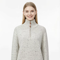 Damen Viertelreißverschluss-Pullover mit Rippenmuster, Lederzug und Stehkragen, Melierter Tweed-Jumper
