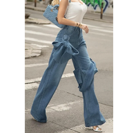 Jean décontracté vintage à nœuds ajustables et drapés, pantalon en denim droit tendance, jean asymétrique taille haute pour femme