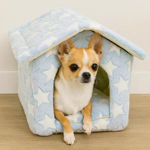Cuccia imbottita morbida per cani e gatti, letto da interno caldo e confortevole con motivo a stelle, design blu e bianco - Product Image 1