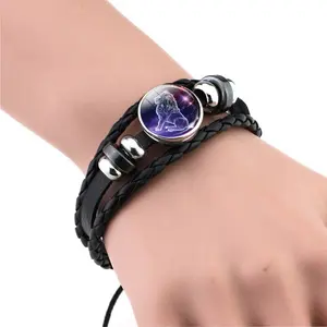 Pulsera trenzada con signo del zodiaco para parejas, brazalete tejido de cuero negro, Punk, 12 horóscopos, cabujón de cristal