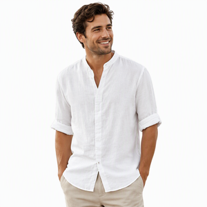 Camicie Casual Personalizzate OEM per Uomo, 100% <span class=keywords><strong>Lino</strong></span>, Colletto alla Coreana, Mezza Manica con Linguetta, <span class=keywords><strong>Camicia</strong></span> Estiva da <span class=keywords><strong>Spiaggia</strong></span> per Uomo - Product Image 1