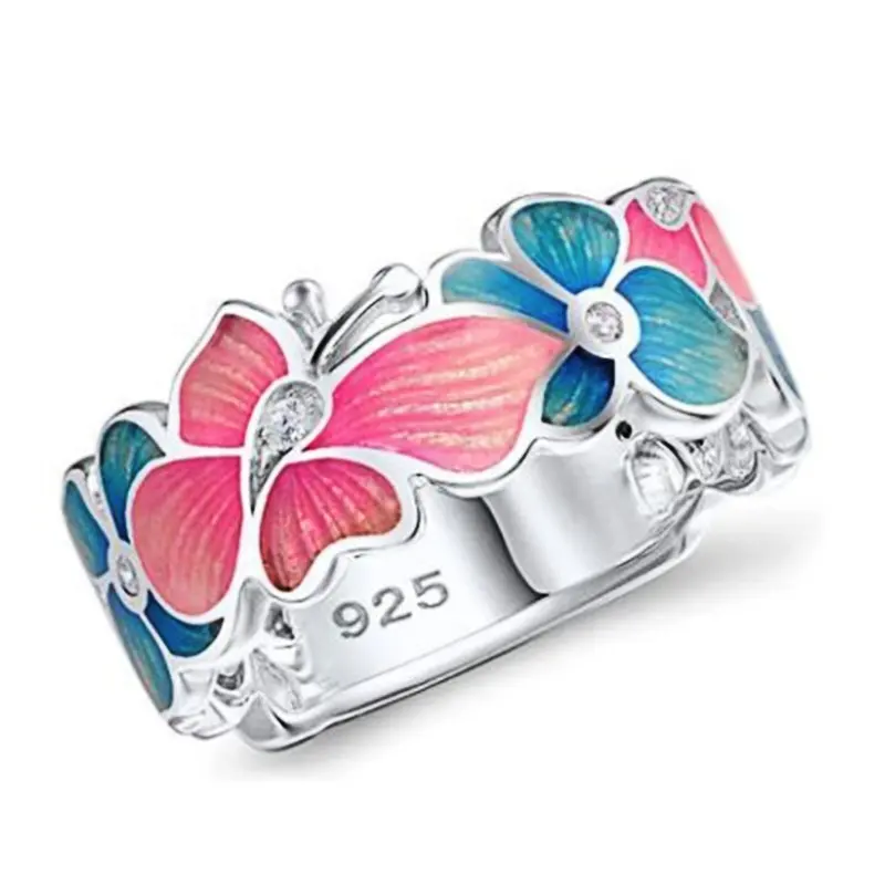 2020 Latest Trend Amazon Hot flower butterfly ring alloy women rhinestone enamel 925 sterling silver pink blue colorful ring