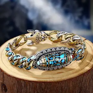 Buddha Stones Tibetan Nine-Eye Dzi Bead Turquoise Protection Rotatable Bracelet Personalized Hip Hop Style Bracelet