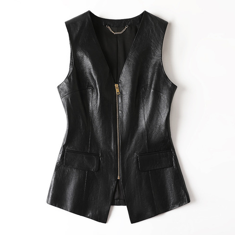 5903 Autumn New Oil Wax Sheepskin V-neck Zipper Waist Cinching Slimming Vest