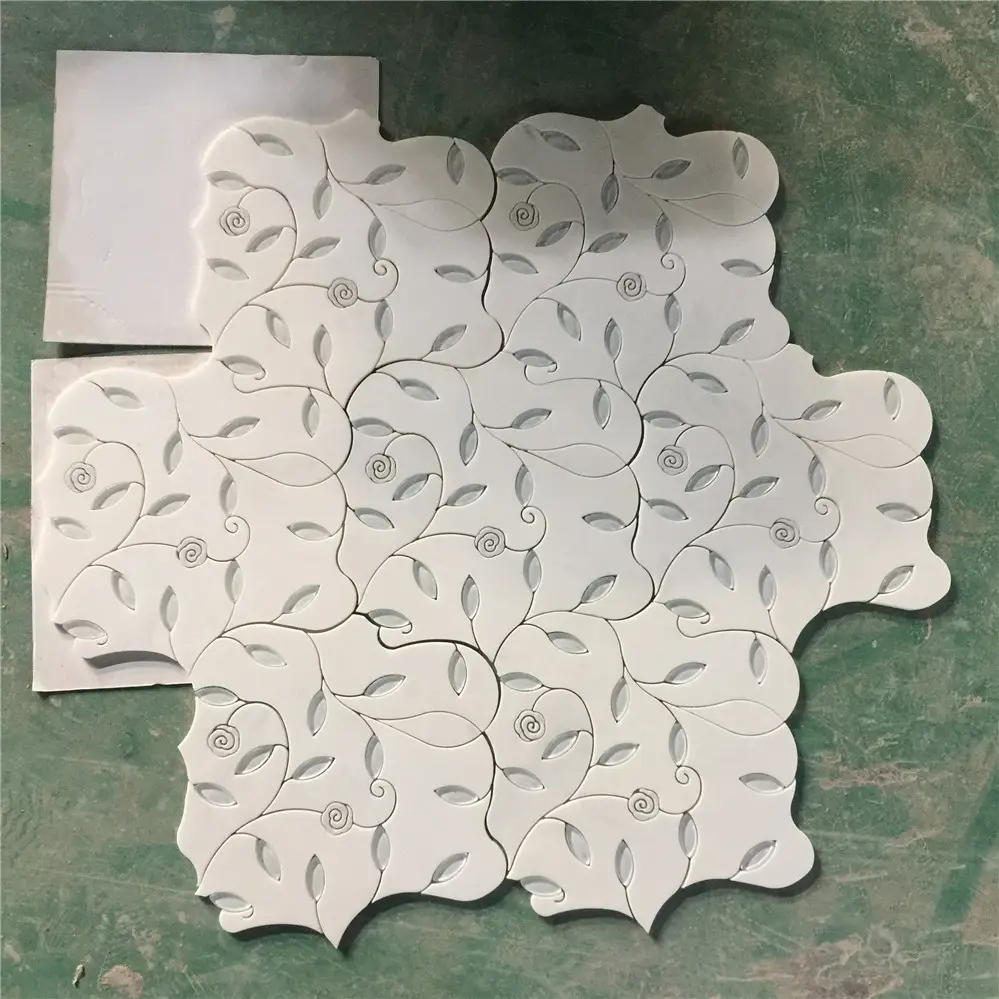 타일 스톤 리프 디자인 모양 유리 Backsplash 화이트 대리석 워터젯 모자이크