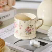Taza de Cerámica de Porcelana Fina con Diseño de Borde Dorado de Lujo, Estilo Nórdico, Estampado Floral, Ecológica, con Asa, Libre de BPA, Resistente al Calor