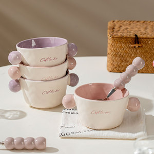 Graziosa Ciotola in Porcellana Fatta a Mano, Bicolore Rosa e Viola, con Manici a Sfera, per Frutta, Zuppa, Dessert, Yogurt, Snack, Avena, Colazione - Product Image 2