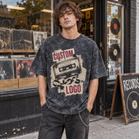 Kaos Oversize Katun Berat 220 GSM Custom Acid Washed Harga Terjangkau, Grafis Kaset Vintage, Streetwear Retro, Pakaian Olahraga