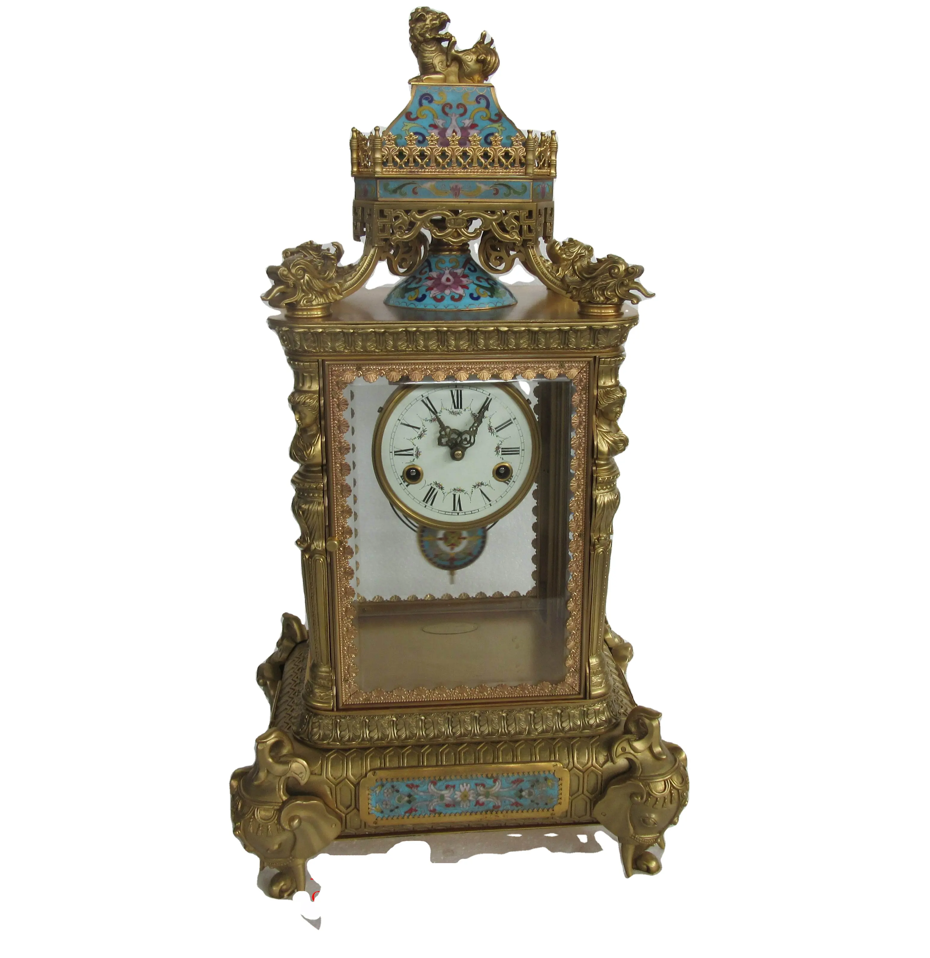 French Style Four Glass Solid Pillar Portico Mantel Gilt Polished Brass Mechanical Column Desk Clock