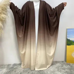 Muslim Women's Gradient Print Open Front Kaftan Dress Plus Size muslim Batwing Sleeve Maxi Abaya Cardigan
