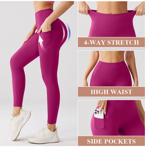 กางเกงเลกกิ้งกีฬาเอวสูงแบบเรียบพร้อมกระเป๋าข้างสำหรับผู้หญิง กางเกงโยคะ กระชับหน้าท้อง แห้งเร็ว ชุดออกกำลังกาย กางเกงฟิตเนส - Product Image 4