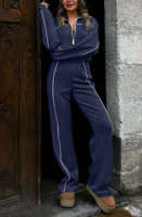 Vente flash : Ensemble de survêtement décontracté pour femmes, style streetwear, rayures bleu marine, pantalon de survêtement et sweat-shirt à fermeture éclair
