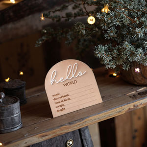 Plaque d'annonce de naissance « Hello World » – Annonce de naissance de nouveau-né – Accessoire <span class=keywords><strong>photo</strong></span> – Nom du bébé – Cadeau de fête prénatale |   Panneau « Bonjour le monde » - Product Image 1