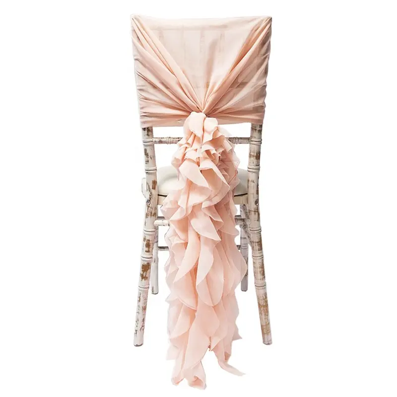 Romantic ruffle blush chiffon chair cover chiffon chair sash for wedding