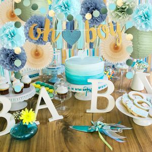 Decoraciones para Baby Shower en Azul Polvoriento y <span class=keywords><strong>Verde</strong></span> Salvia, Banner 'Oh Boy', Pompones de Papel de Seda Beige Claro, Abanicos, Kit de Guirnaldas con Borlas Crema - Product Image 4