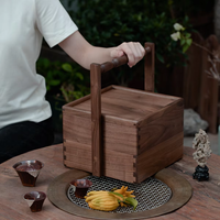 Boîte en bois de noyer noir double couche avec couvercle à poignée, joint queue de pie, 4 compartiments, écologique, portable, vintage, pour cérémonie du thé