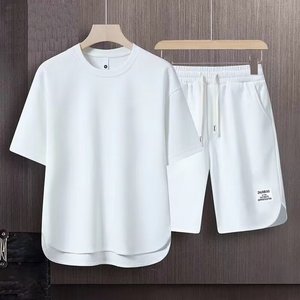 Vêtements de sport pour hommes, ensemble 2 pièces de chemise courte unie et décontractée avec logo brodé, <span class=keywords><strong>t</strong></span>-<span class=keywords><strong>shirt</strong></span> décontracté, pantalon, nouvel arrivage - Product Image 5
