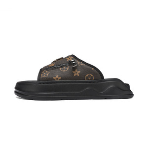Fashion Designer Print PU Slides slippers Open Toe Anti-Slip EVA chunky Sole fashion Summer retro zip Men's Flat Slippers - Product Image 2