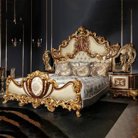 Antikes Handgeschnitztes Design Kunstvolles Gepolstertes Schlafzimmer-Kingsize-Bett Möbelset mit Vintage Gold und Weißem Kopfteil