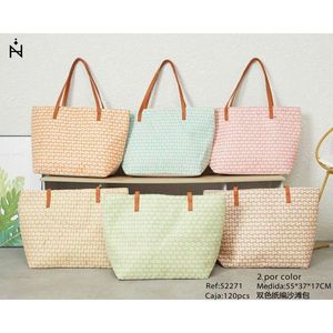 Borsa da spiaggia in carta intrecciata bicolore 55x37x17 cm per donna, borsa da viaggio estiva - Product Image 2