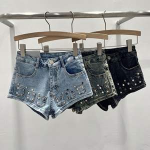 Viviblook Z313PT Pantalones Cortos de Mezclilla para Mujer, Estilo Retro con Remaches, Cintura Baja Elástica, Jeans Cortos para Mujer, Estilo Urbano - Product Image 1