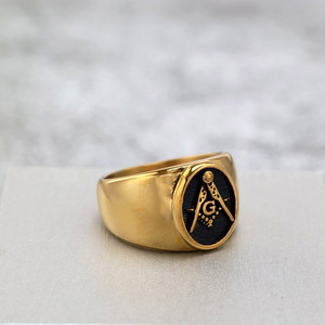Anillo Masónico yúnique Ag Negro Brillante con Detalles en Oro, Joyería Geométrica Hip Hop para Hombre, Regalo - Product Image 1